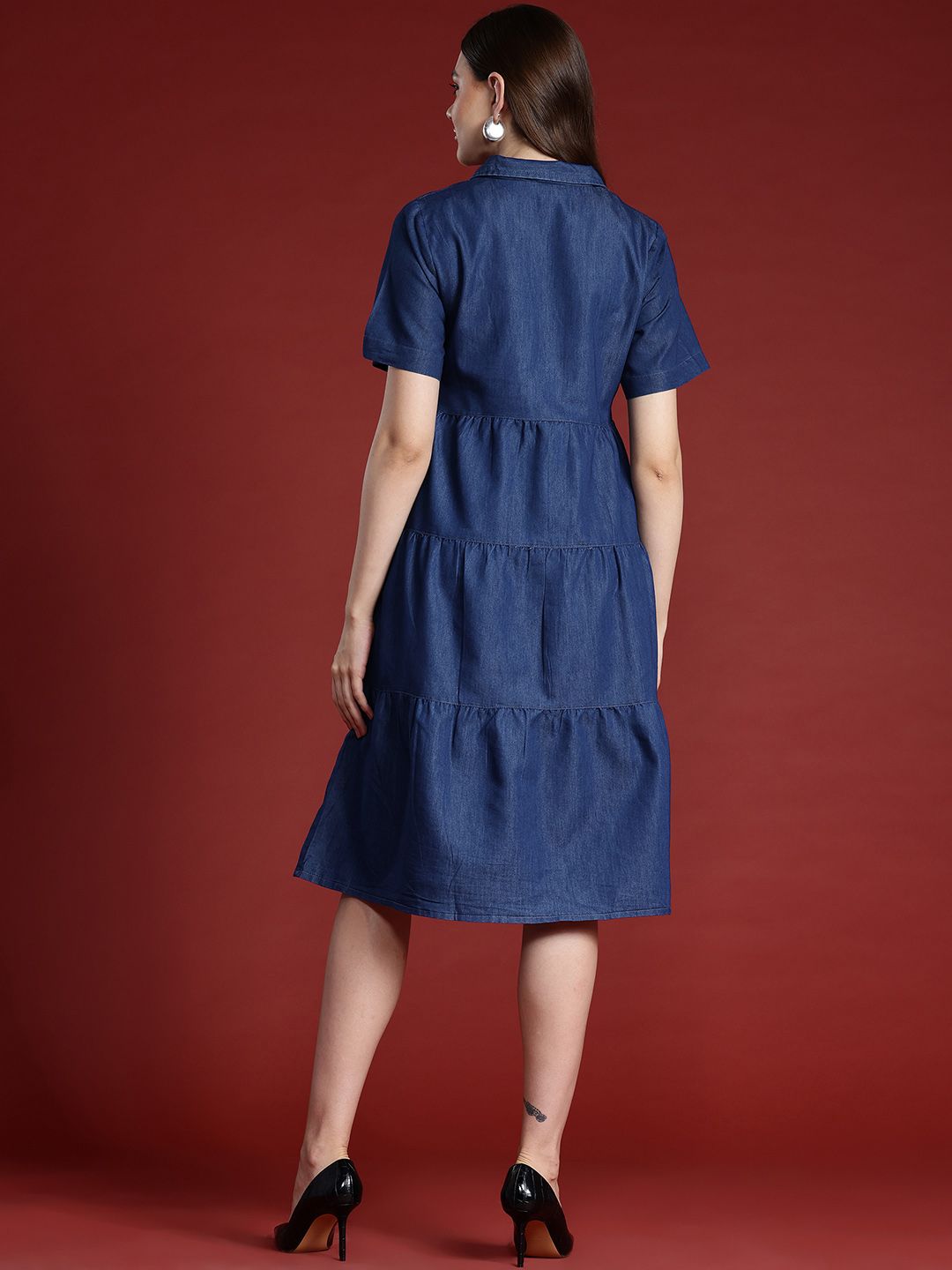 all about you Chambray A-Line Tiered Midi Dress