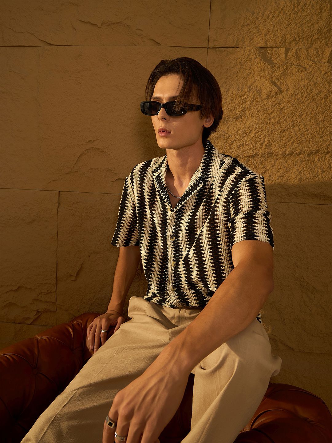 DENNISON Men Zig Zag Pattern Oversized Crochet Shirt