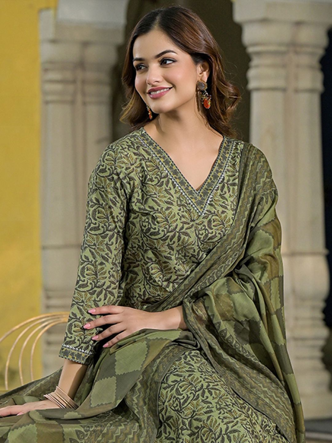 KALINI Floral Printed V-Neck Gotta Patti Straight Kurta With Trousers & Dupatta