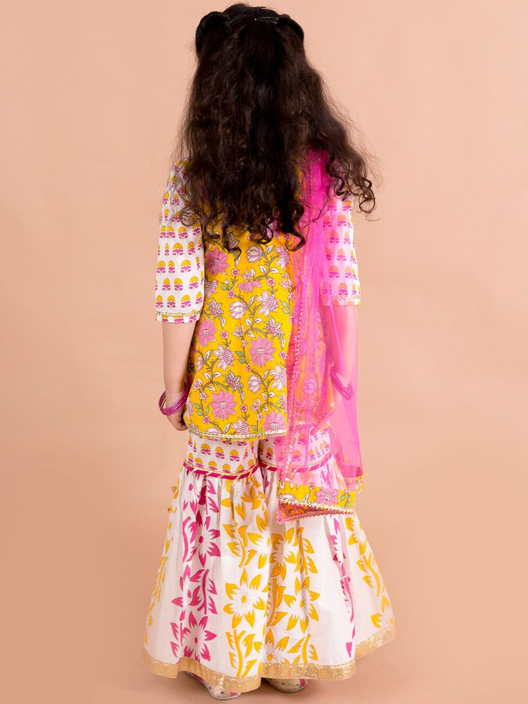 pspeaches Girls Yellow Floral Printed Empire Pure Cotton Kurti with Sharara & With Dupatta