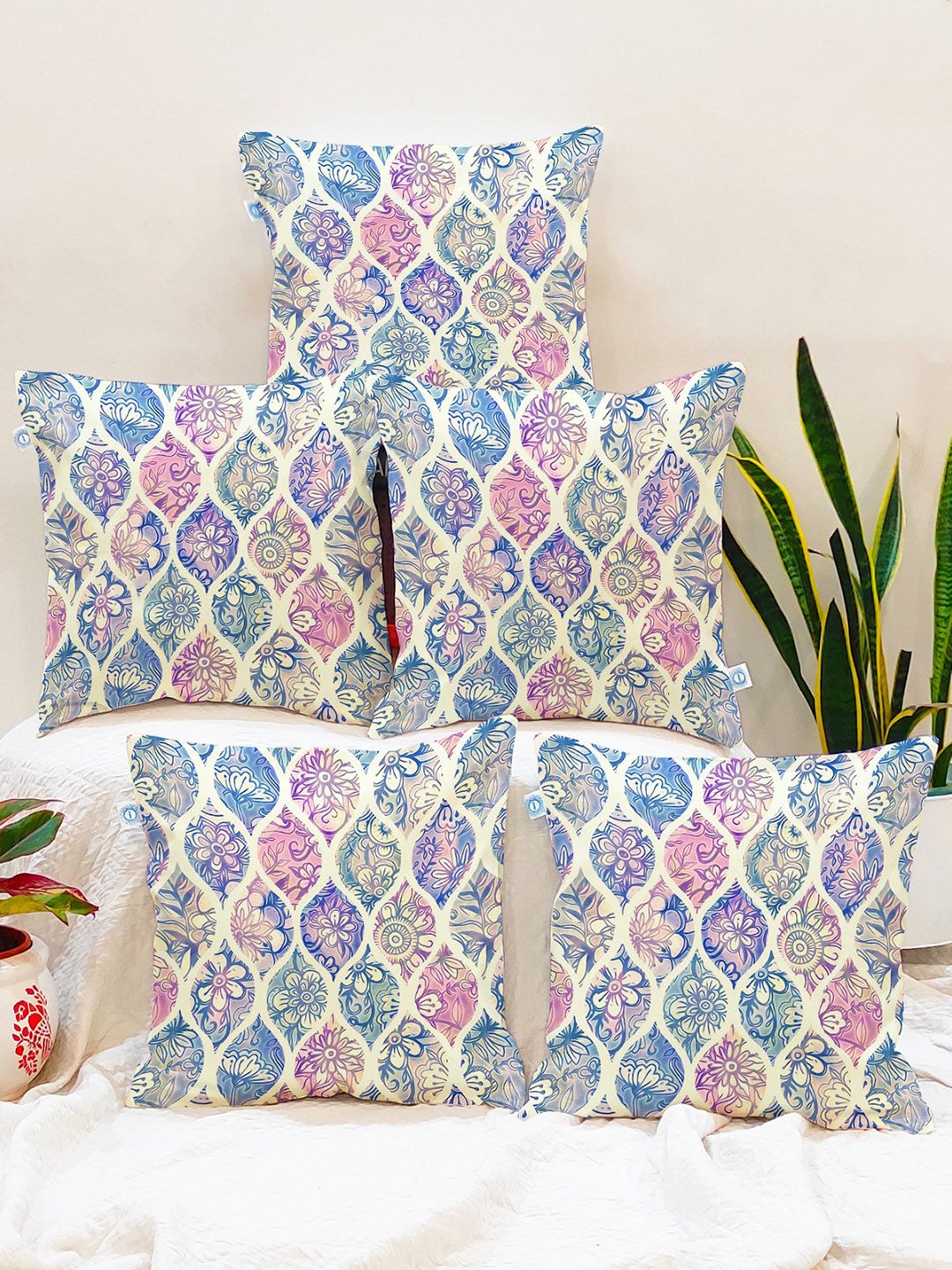 STITCHNEST Blue & Cream-Coloured Set of 5 Geometric Square Cushion Covers