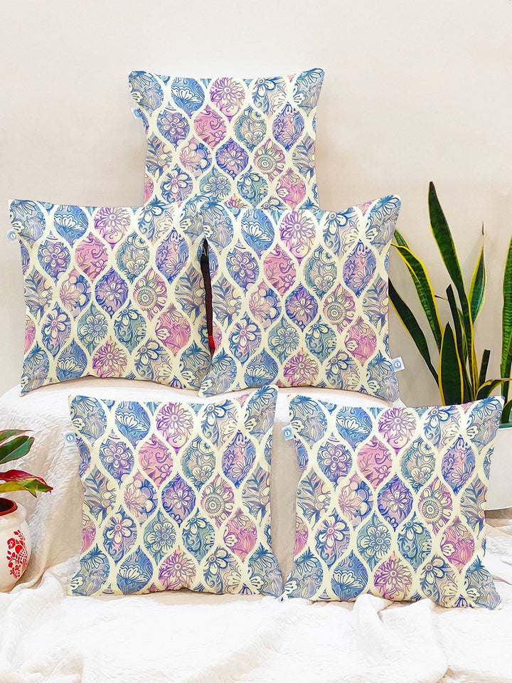 STITCHNEST Blue & Cream-Coloured Set of 5 Geometric Square Cushion Covers