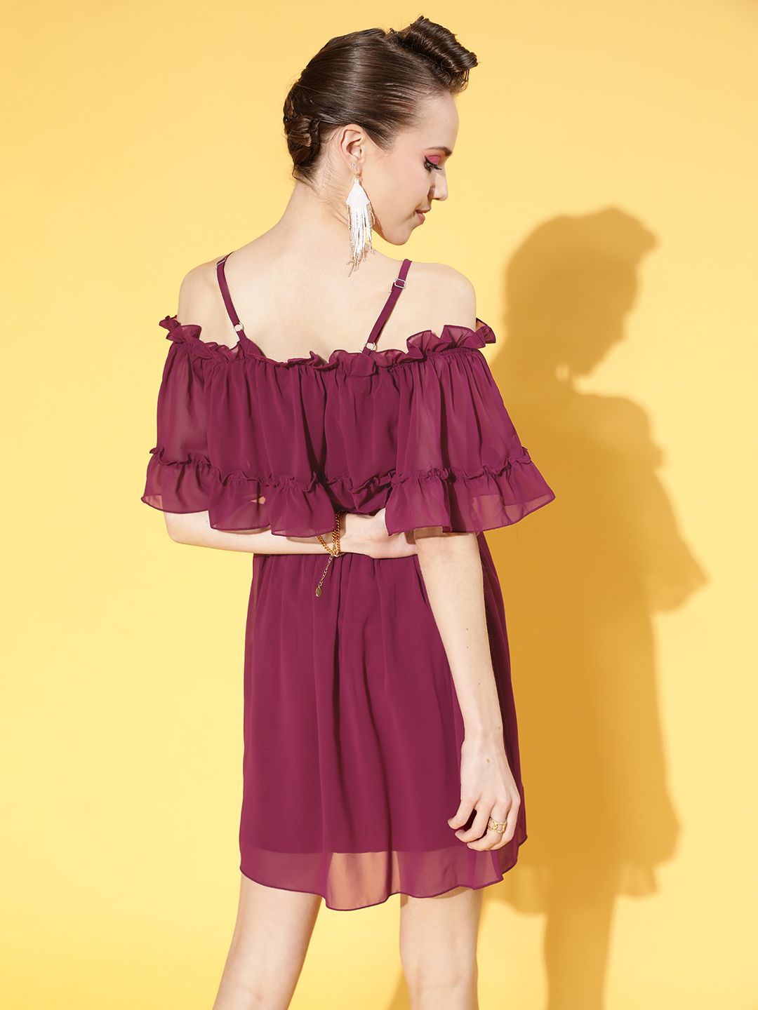 Athena Women Deep Burgundy Solid Feminine Frills Dress