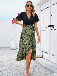 all about you Animal Print V-Neck Flared Sleeves Gathered Slip Slit Wrap Dress
