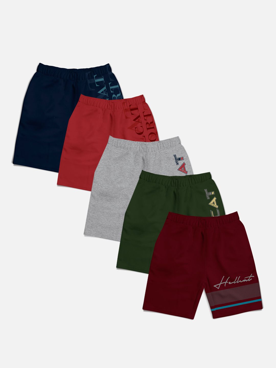 HELLCAT Boys Pack of 5 Mid-Rise Typography Printed Cotton Shorts