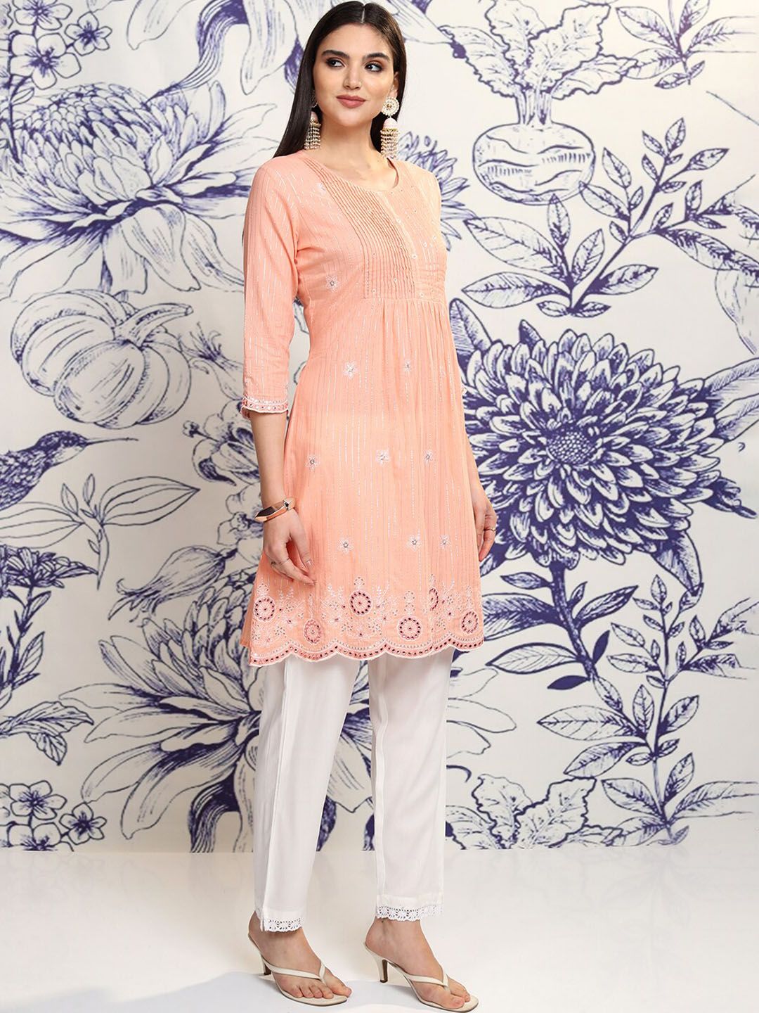 Vishudh Peach Round Neck Floral Embroidered Regular Pure Cotton A-Line Kurta with Trousers