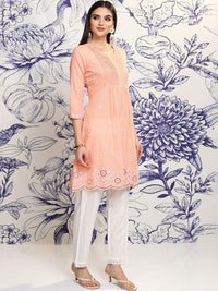 Vishudh Peach Round Neck Floral Embroidered Regular Pure Cotton A-Line Kurta with Trousers