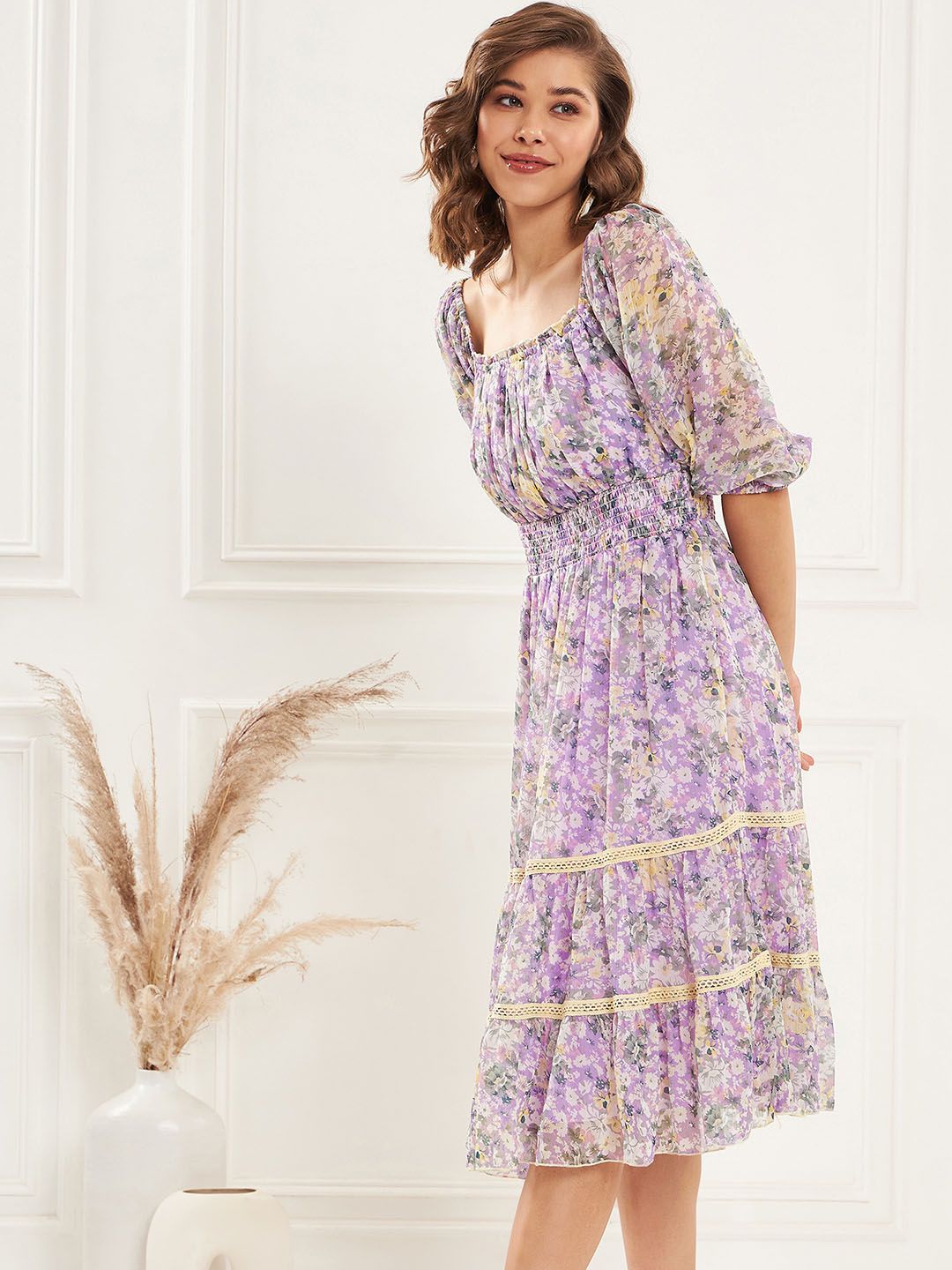 Antheaa Square Neck Floral Printed Tiered Chiffon Fit & Flare Midi Dress
