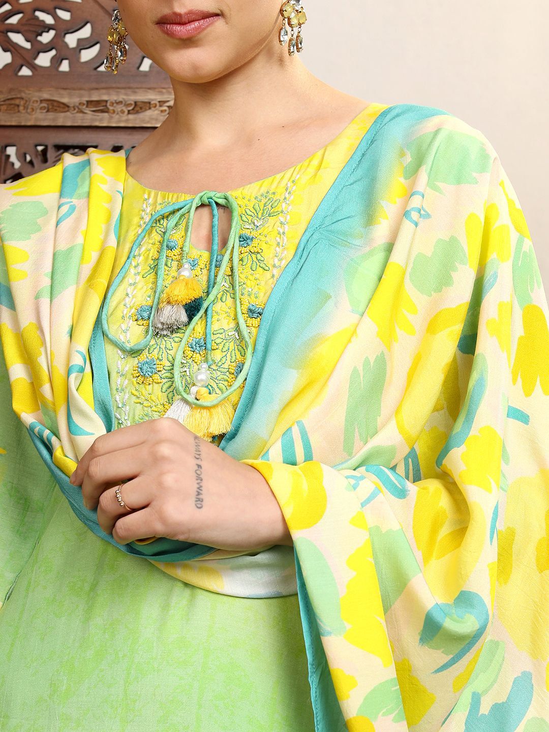 Vishudh Green Floral Yoke Design Tie-Up Neck Thread Work Kurta With Trousers & Dupatta