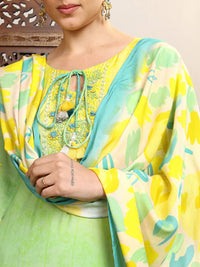 Vishudh Green Floral Yoke Design Tie-Up Neck Thread Work Kurta With Trousers & Dupatta
