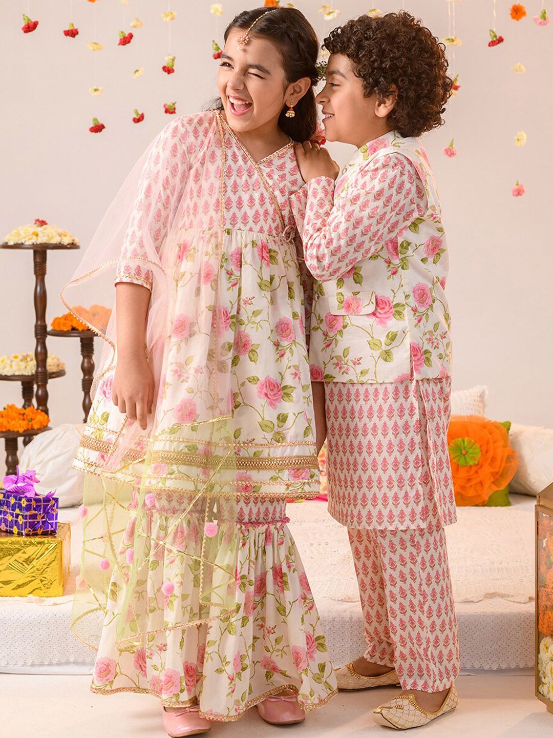 pspeaches Boys Floral Printed Regular Pure Cotton Kurta With Pyjamas And Nehru Jaket