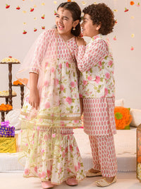pspeaches Boys Floral Printed Regular Pure Cotton Kurta With Pyjamas And Nehru Jaket