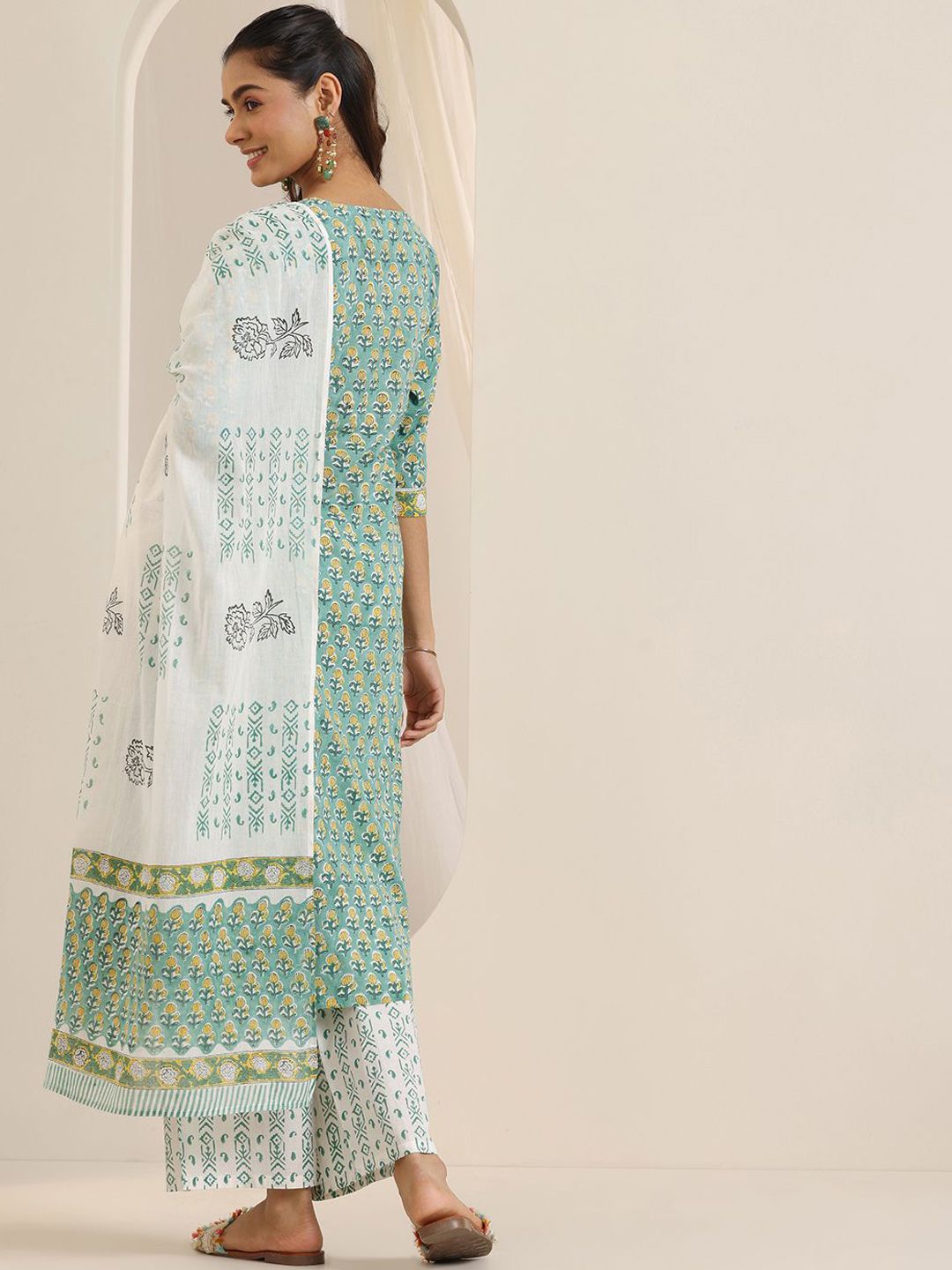 Libas Floral Printed Notch-Neck Straight Kurta With Palazzos And Dupatta