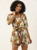 SANSKRUTIHOMES Women White & Brown Printed Cotton Shorts Set with Robe