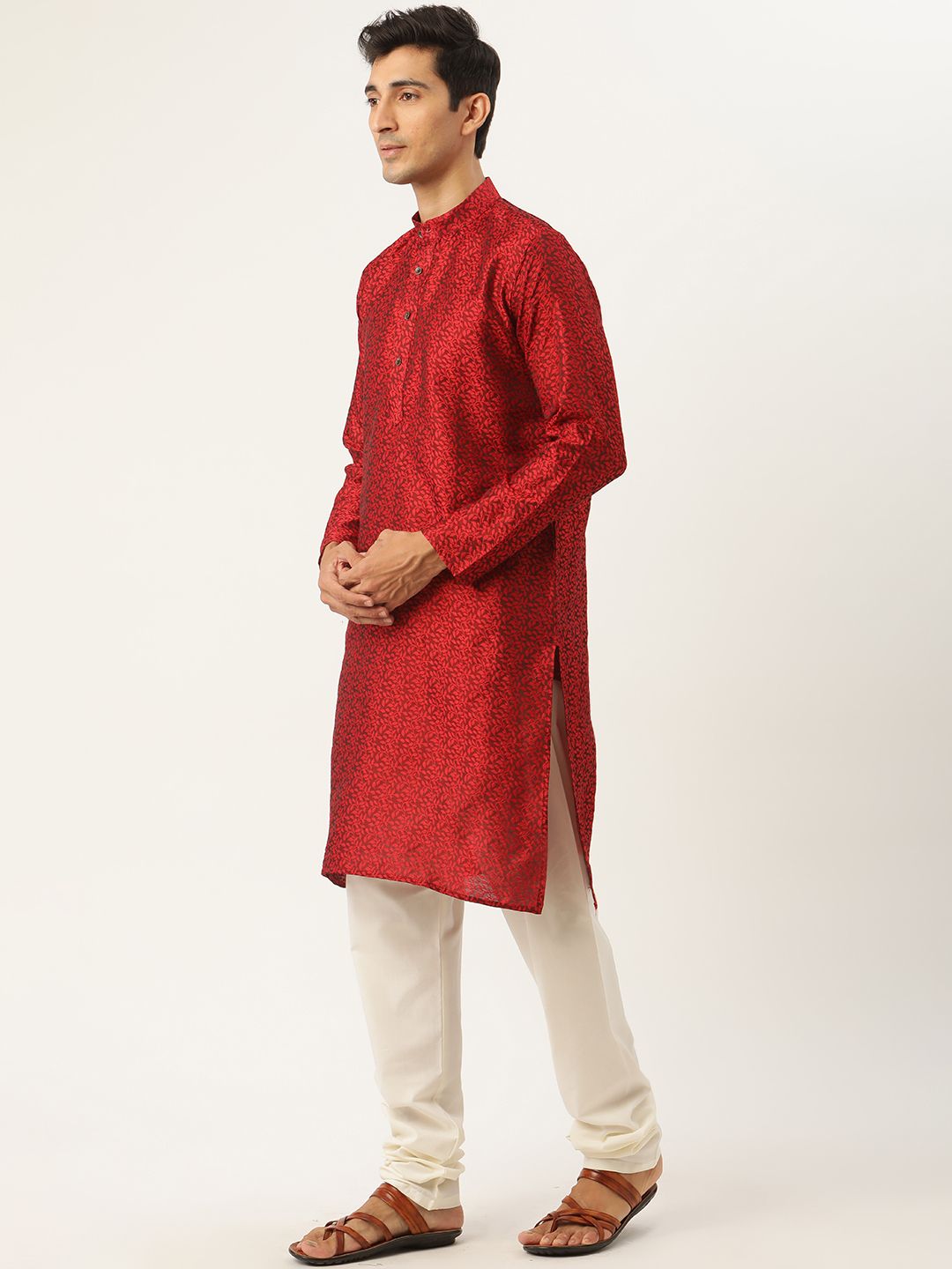 SOJANYA Men Maroon Jacquard Silk Kurta with Churidar & Nehru Jacket
