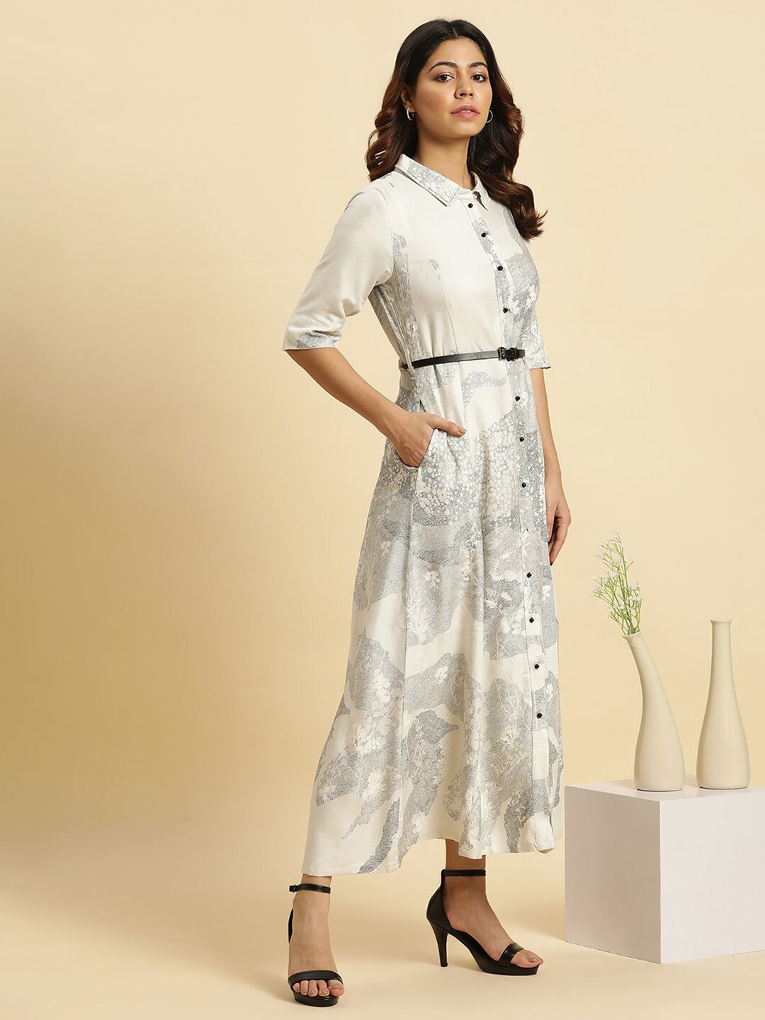 W Abstract Printed Belted Detailed Shirt Collar Shirt Style Dress