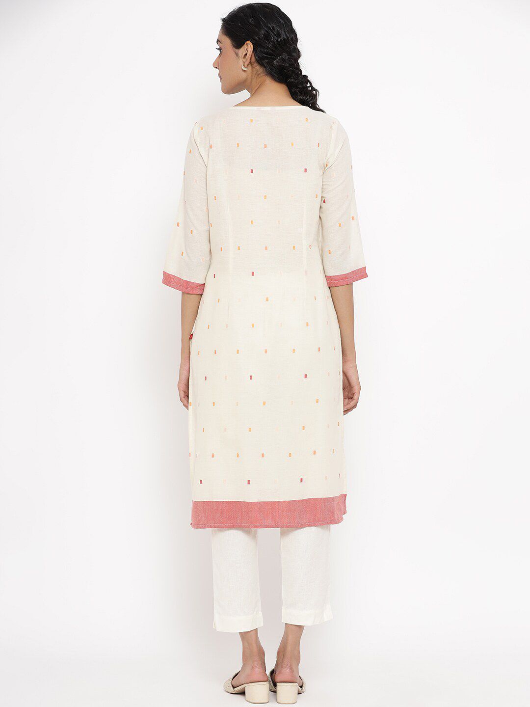 W Women White & Red Woven Design Keyhole Neck Straight Kurta