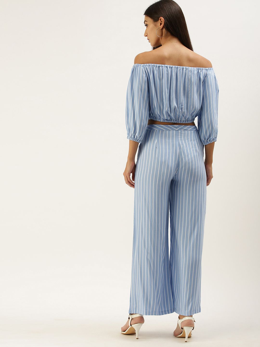 AND Blue & White Off-Shoulder Striped Co-Ords Set