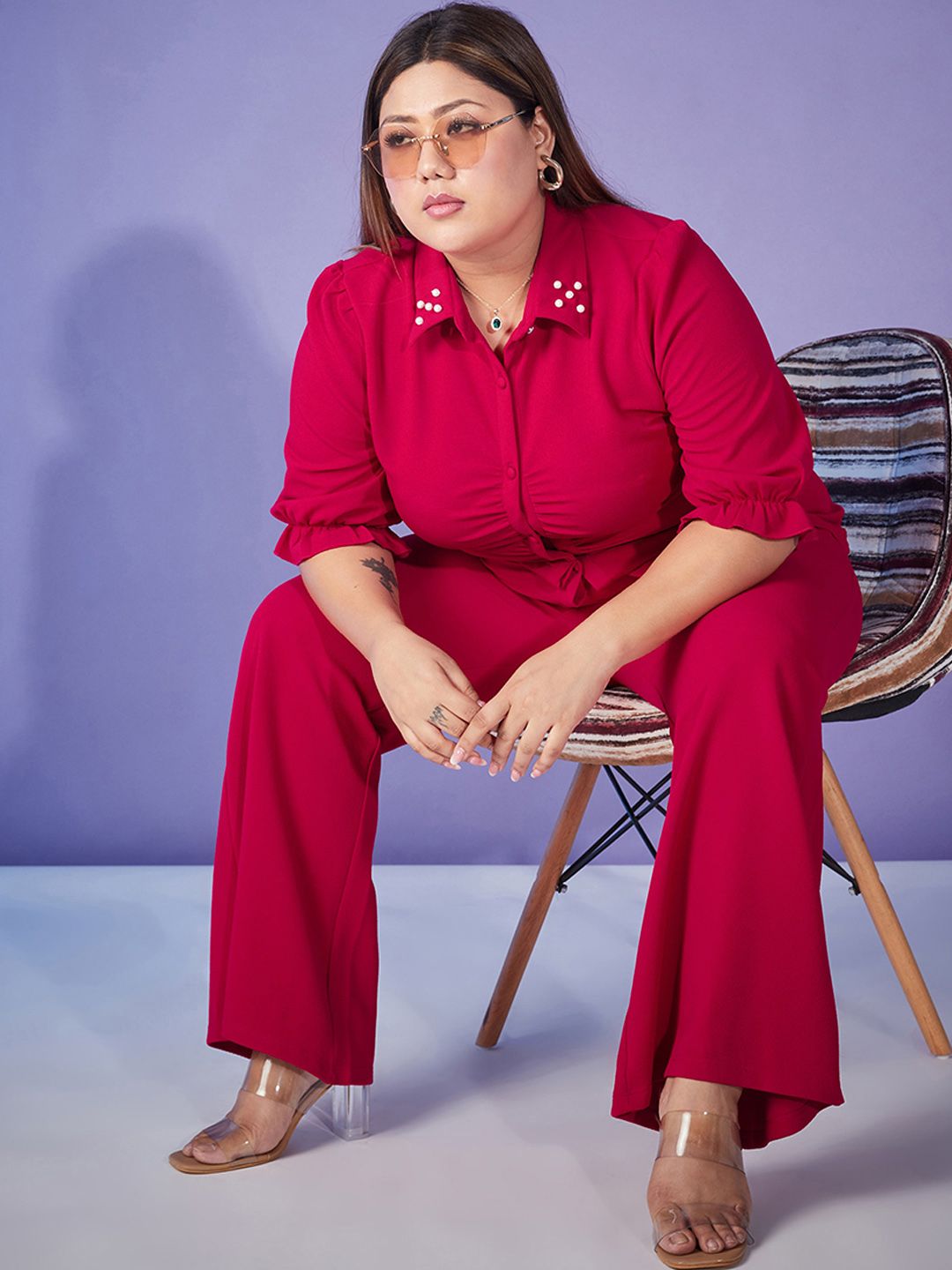 SASSAFRAS Curve Fuchsia Pink Plus Size Self Design Shirt With Trouser Co-Ords