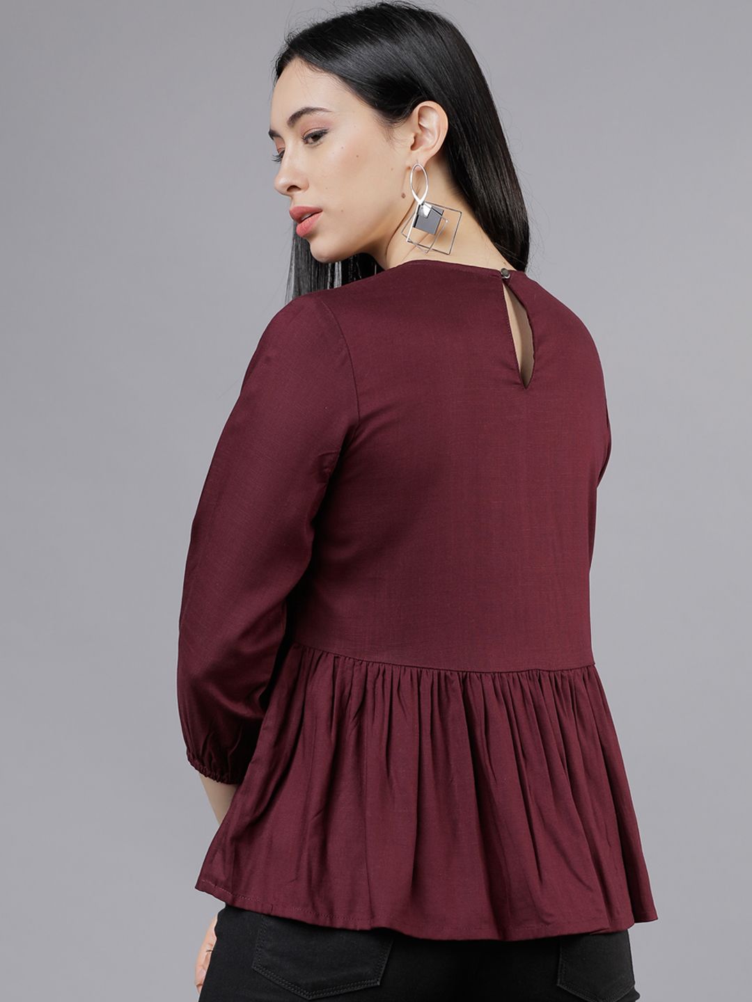 Tokyo Talkies Burgundy Lace Inserts Peplum Top
