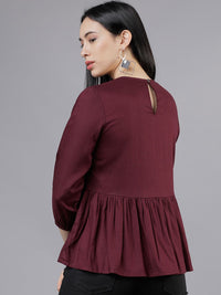 Tokyo Talkies Burgundy Lace Inserts Peplum Top