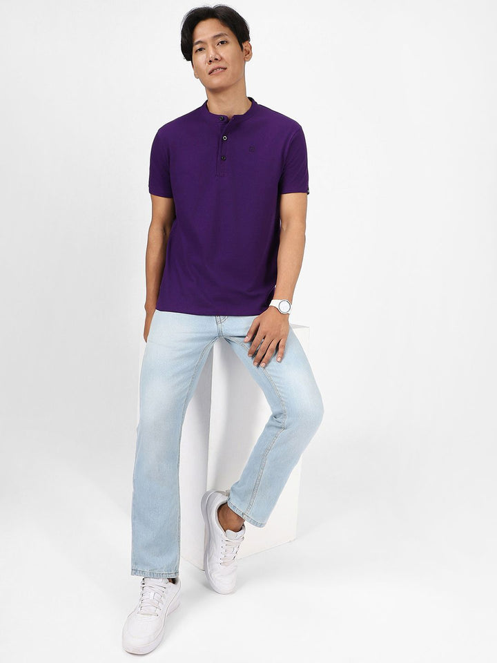 Urbano Fashion Men Purple Solid Slim Fit Mandarin Collar Pure Cotton T-shirt