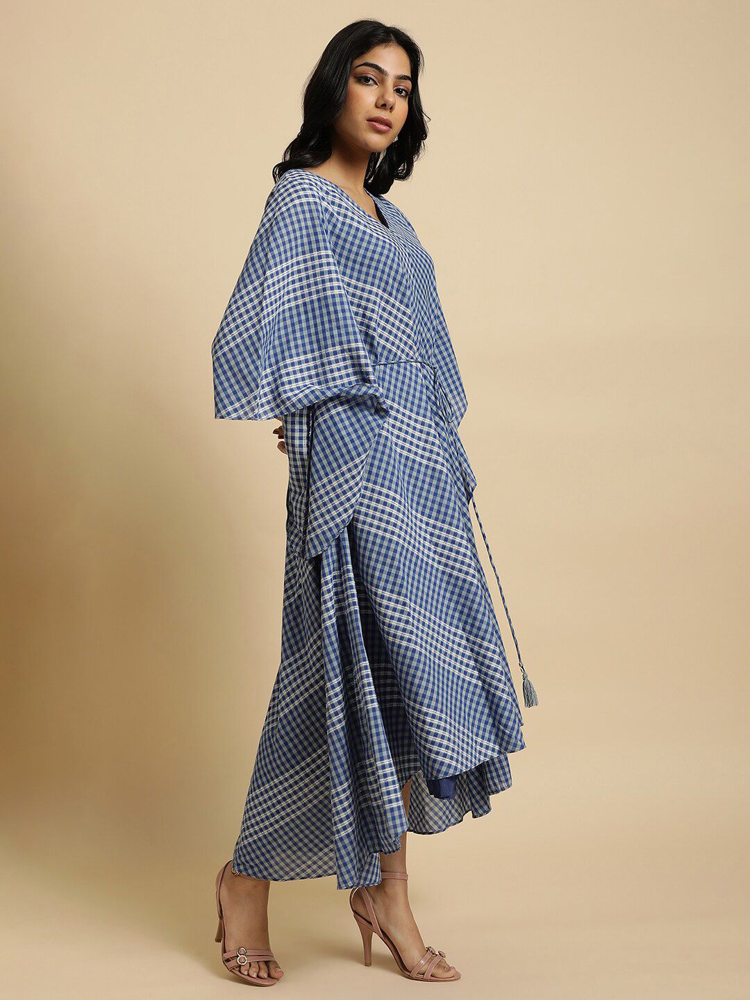 W Checked Kimono Sleeves Kaftan Pure Cotton Midi Dress