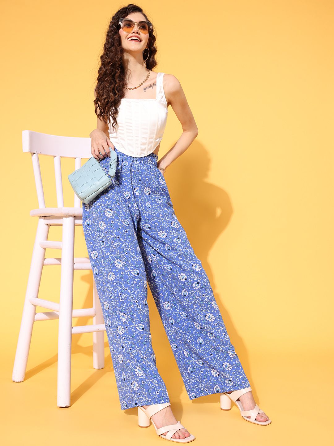 Berrylush Women Elegant Blue Floral Roman Column Trousers