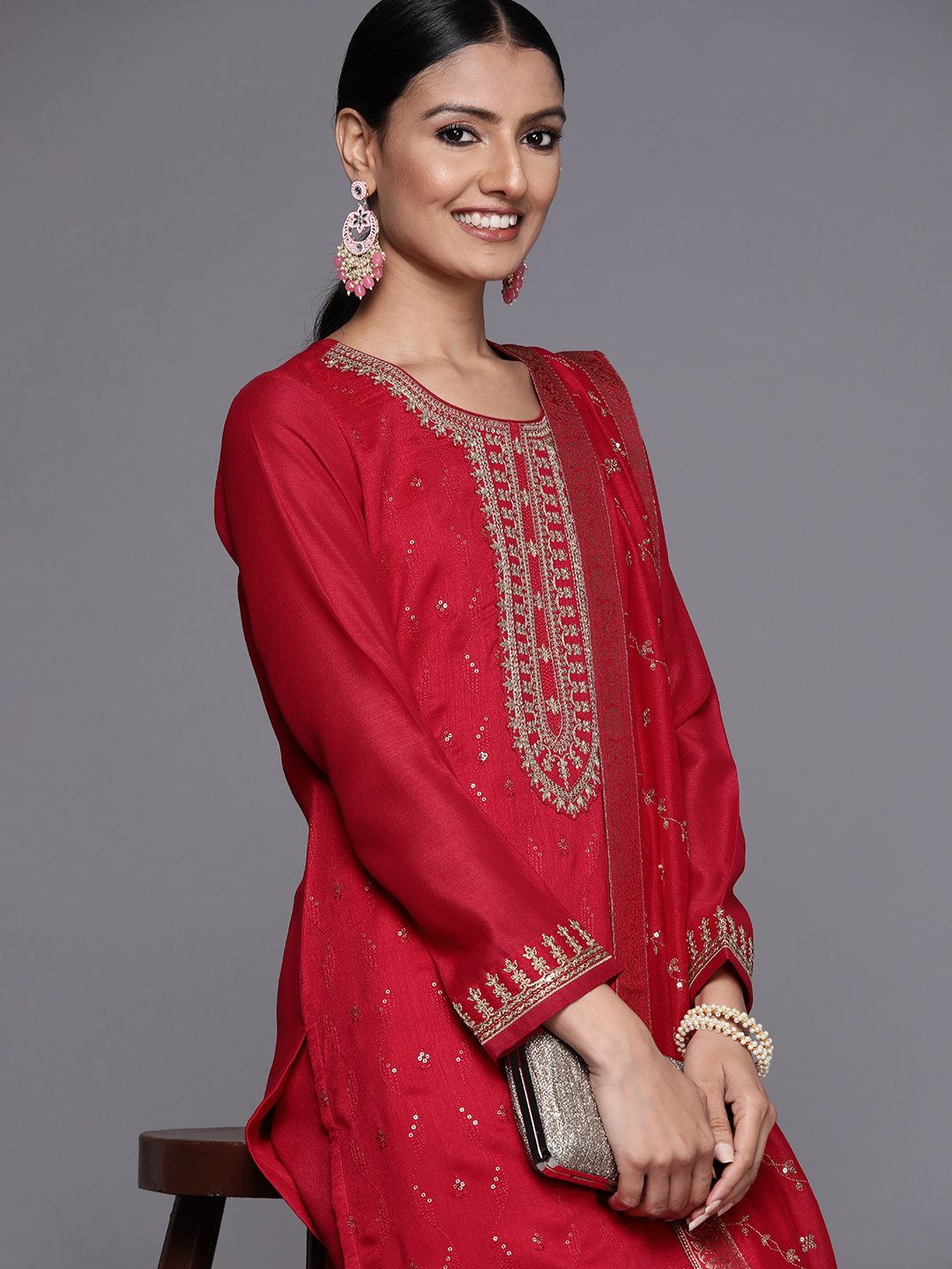 Libas Women Magenta Floral Embroidered Kurta with Palazzos & Dupatta