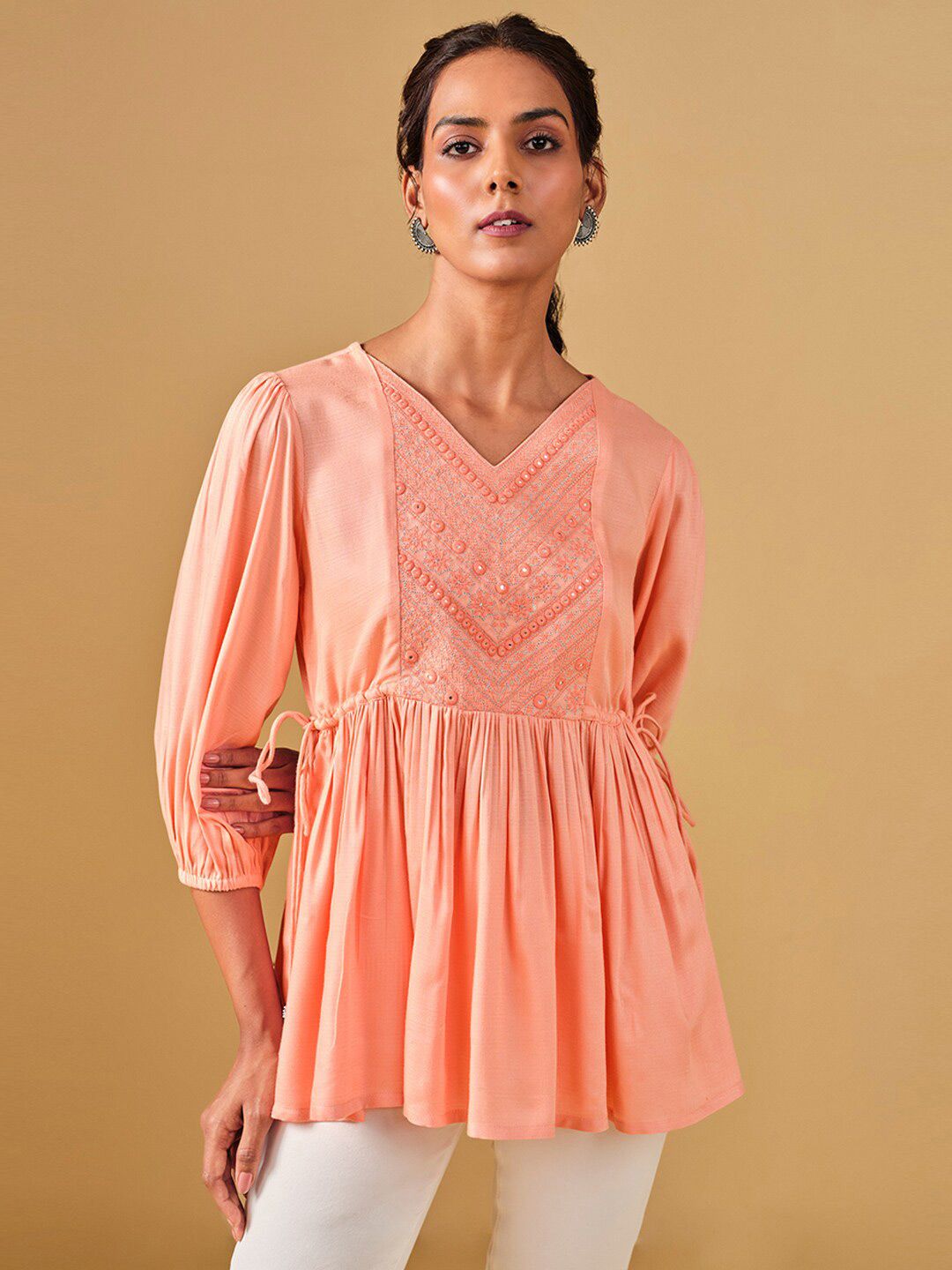 Global Desi Embroidered Puff Sleeves Gathered Top