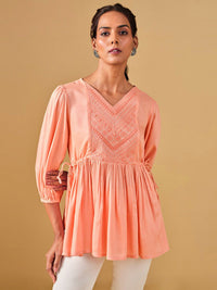 Global Desi Embroidered Puff Sleeves Gathered Top