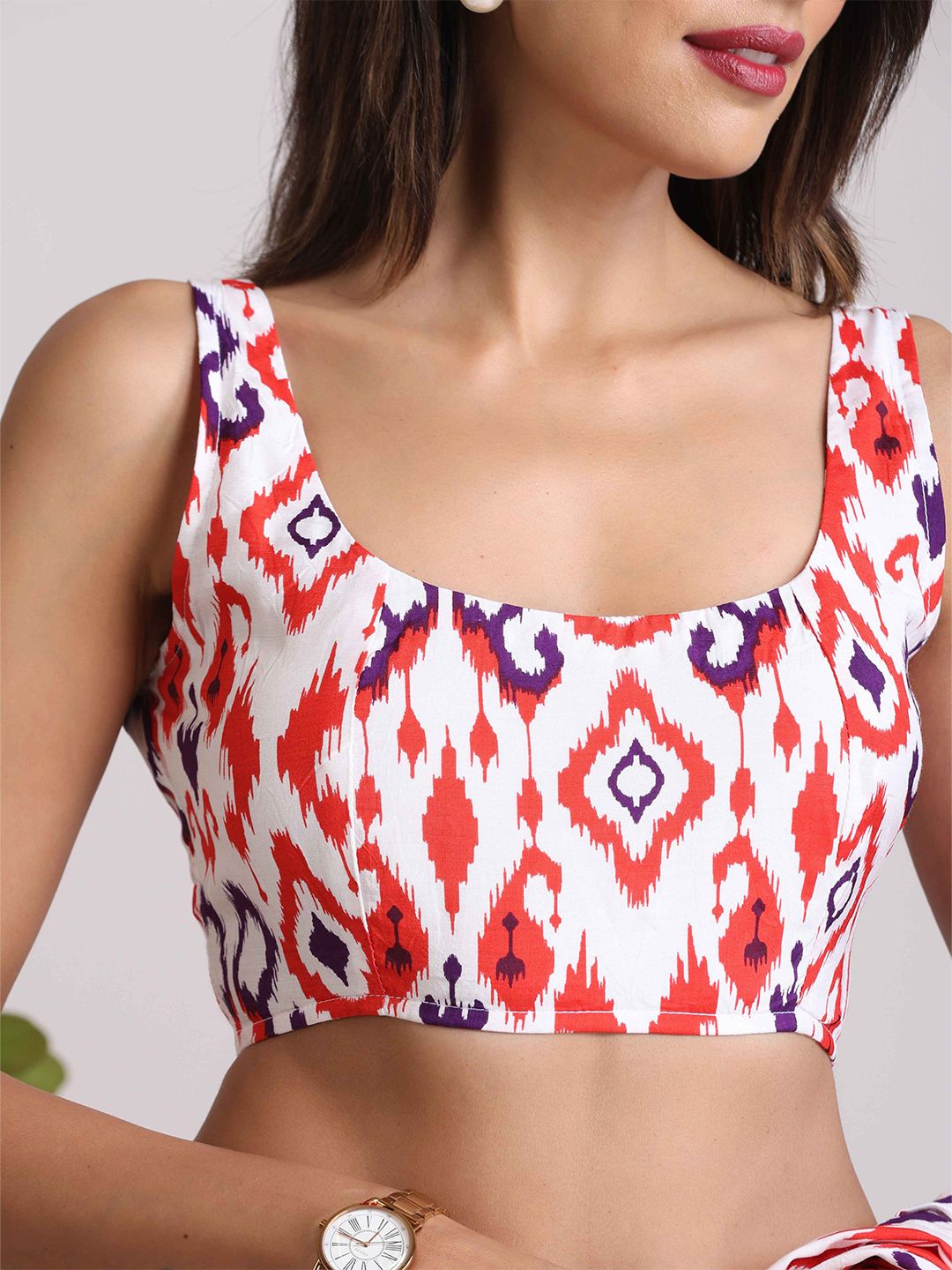 trueBrowns Carrot Muslin Ikat Sleeveless Saree Blouse