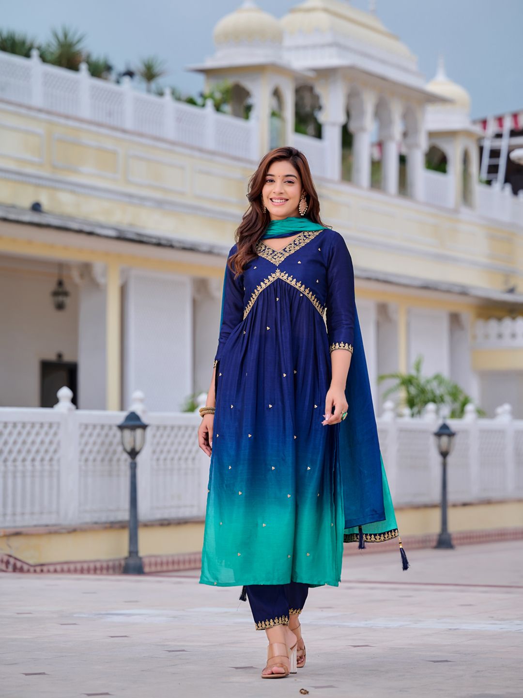 KALINI Ombre Dyed Empire Sequinned Anarkali Kurta with Trousers & Dupatta