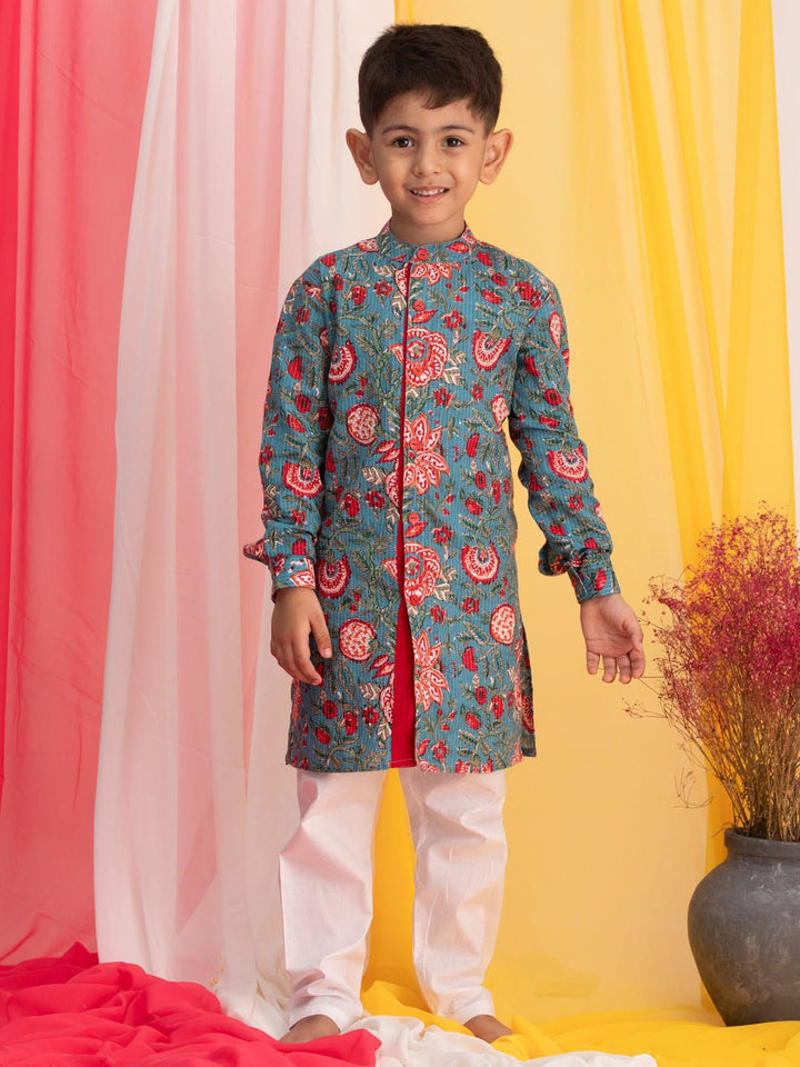 VASTRAMAY Boys Floral Printed Straight Kalamkari Pure Cotton Kurta With Pyjamas