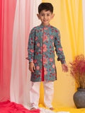 VASTRAMAY Boys Floral Printed Straight Kalamkari Pure Cotton Kurta With Pyjamas