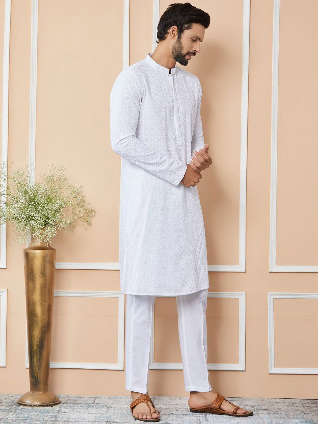 See Designs Floral Embroidered Mandarin Collar Pure Cotton Straight Kurta With Trousers