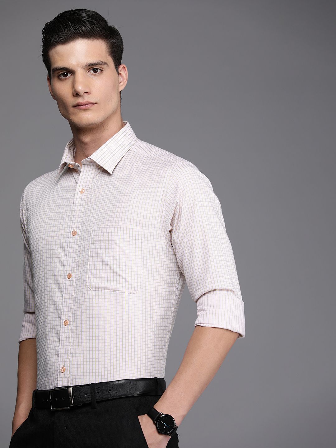 Raymond Slim Fit Grid Tattersall Checked Pure Cotton Formal Shirt
