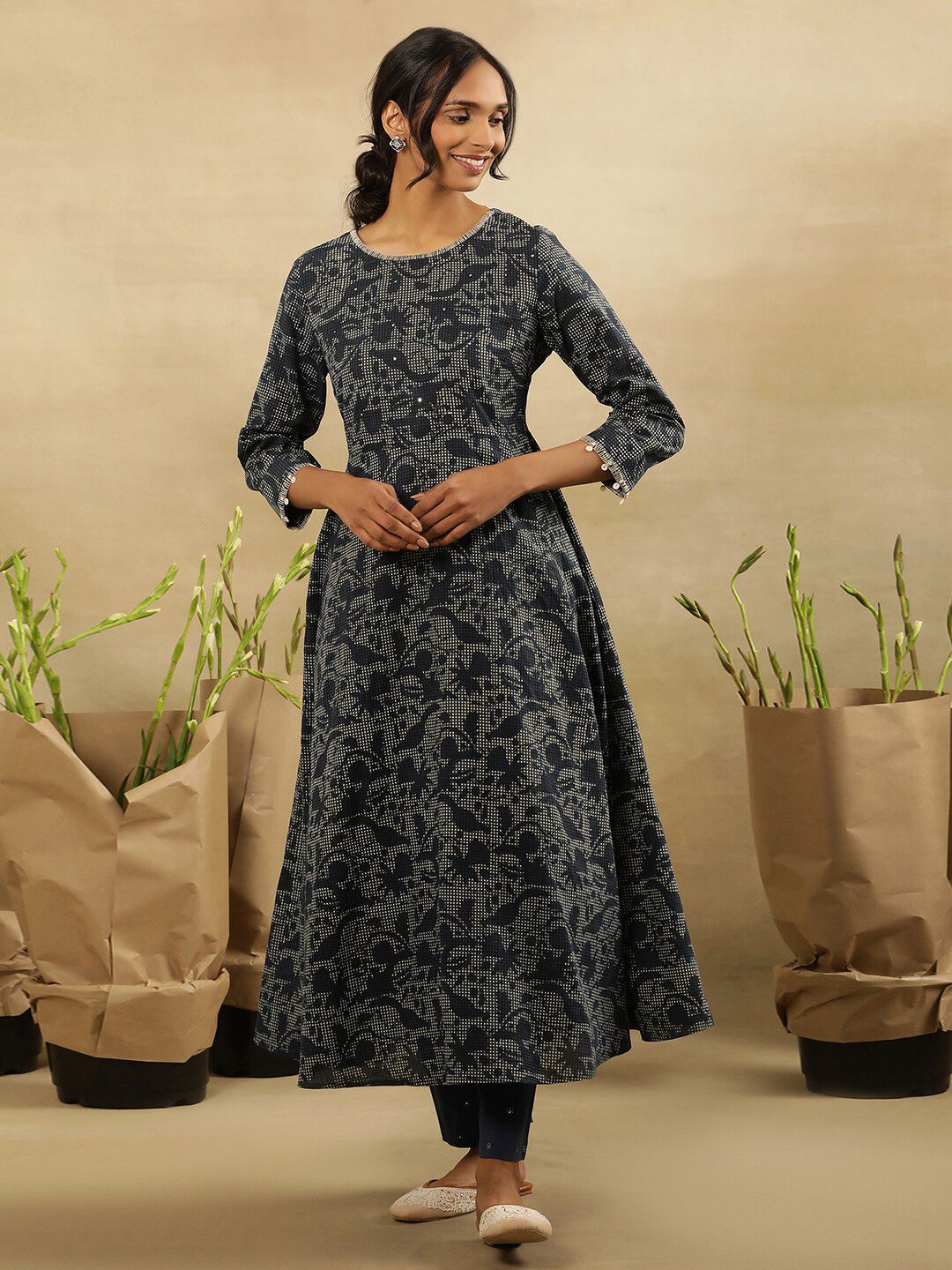 W Floral Printed A-Line Midi Cotton Dress