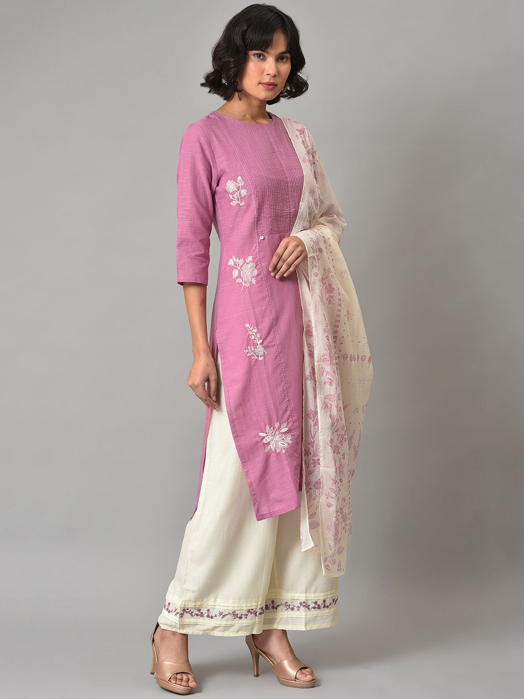 W Women Floral Embroidered Thread Work Pure Cotton Kurta with Palazzos & With Dupatta