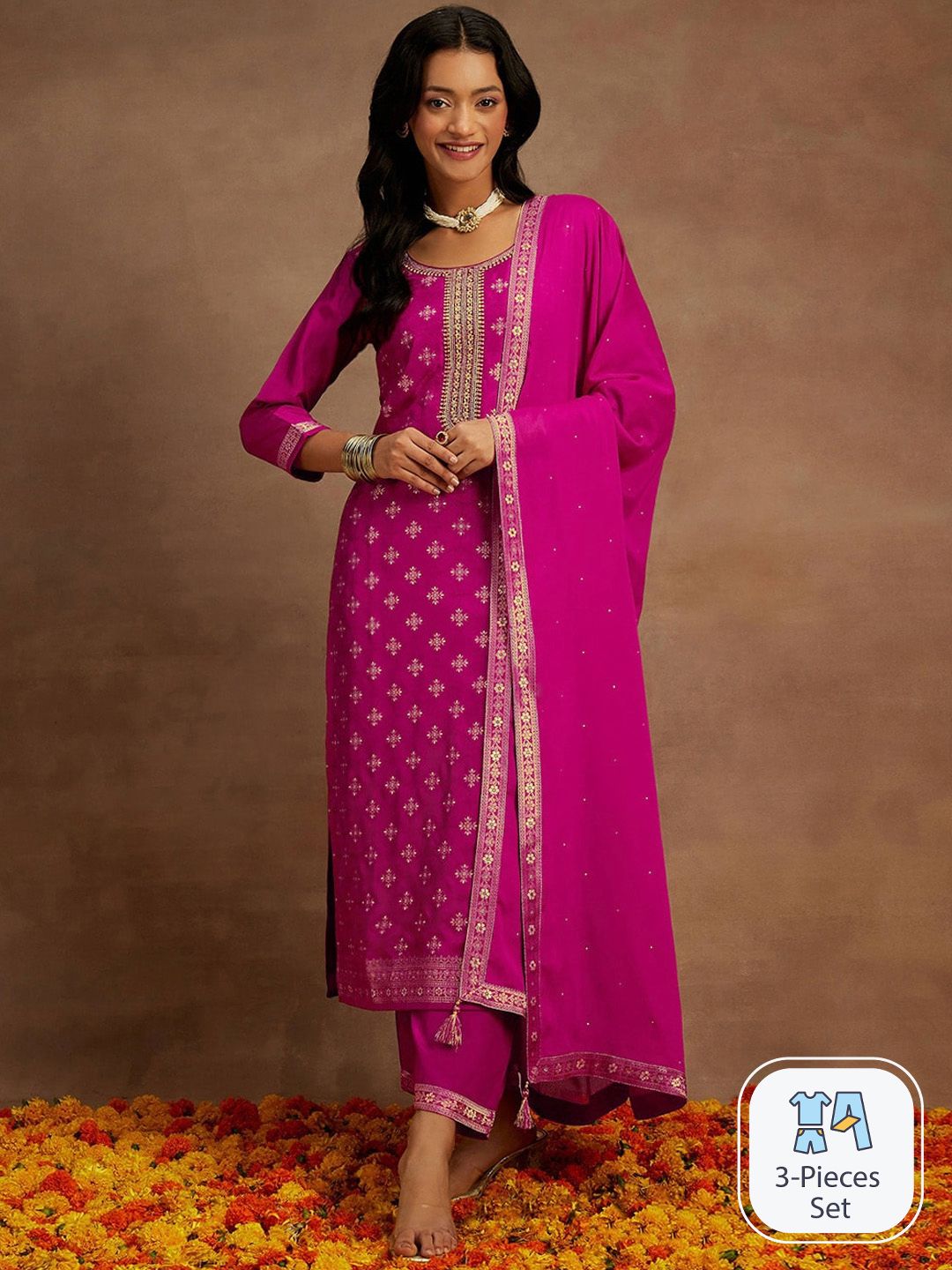 Libas Ethnic Motifs Embroidered Sequinned Straight Kurta With Trousers & Dupatta