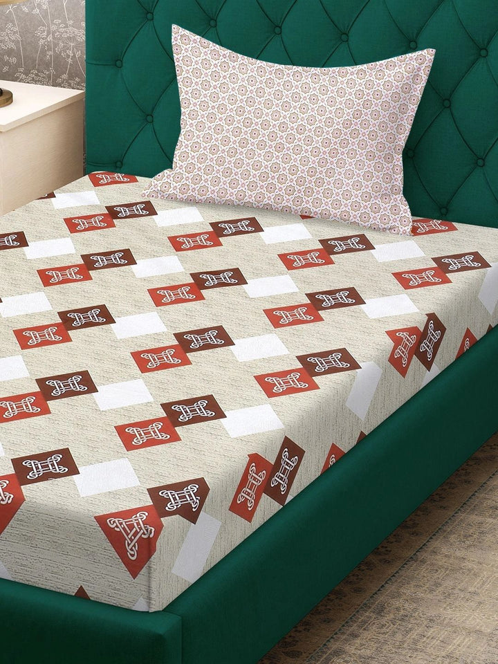 Moda Rapido X KLOTTHE Beige & Red Geometric 400 TC Single Bedsheet with 1 Pillow Covers