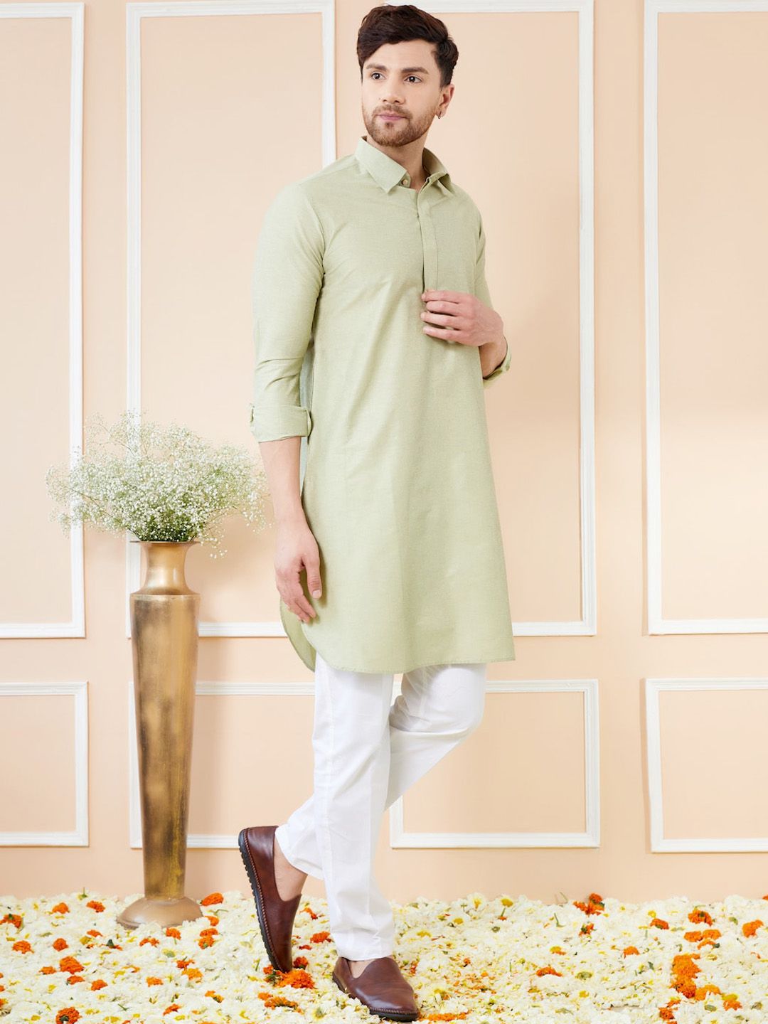 See Designs Shirt Collar Long Sleeves Pure Cotton Pathani Kurta With Pyjamas