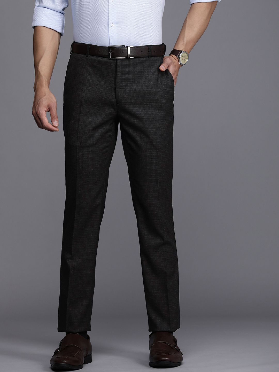 Raymond Men Black Checked Slim Fit Formal Trousers