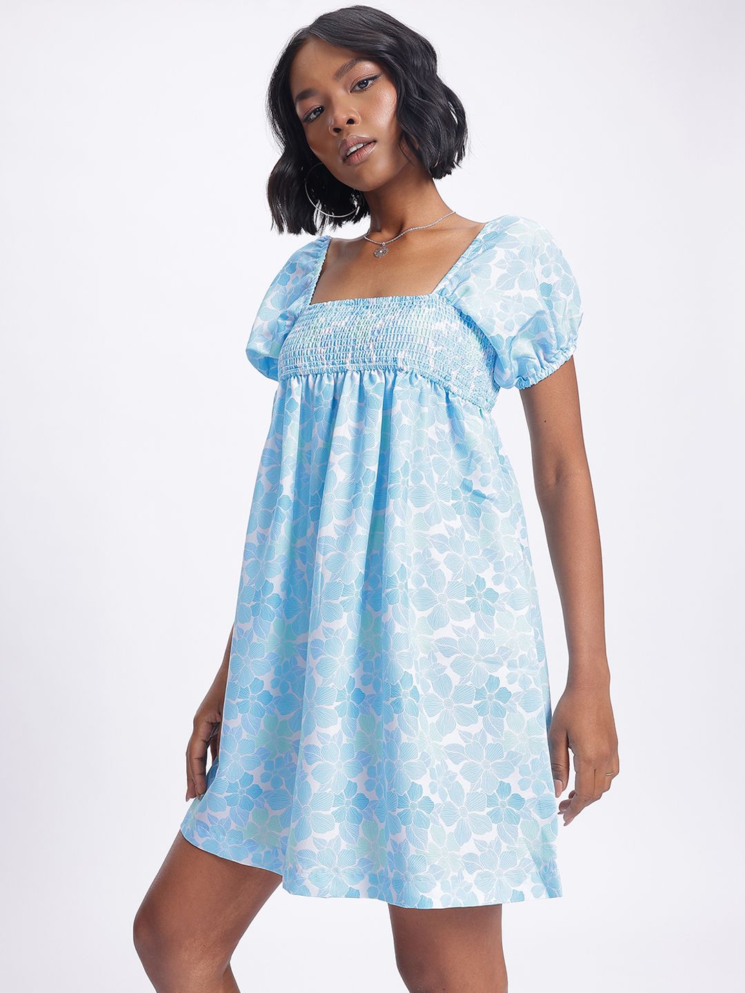 DressBerry Smocked Floral Print Mini A-line Dress