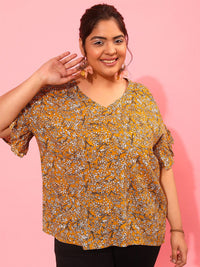 CURVY STREET V-Neck Floral Printed Bell Sleeves Top