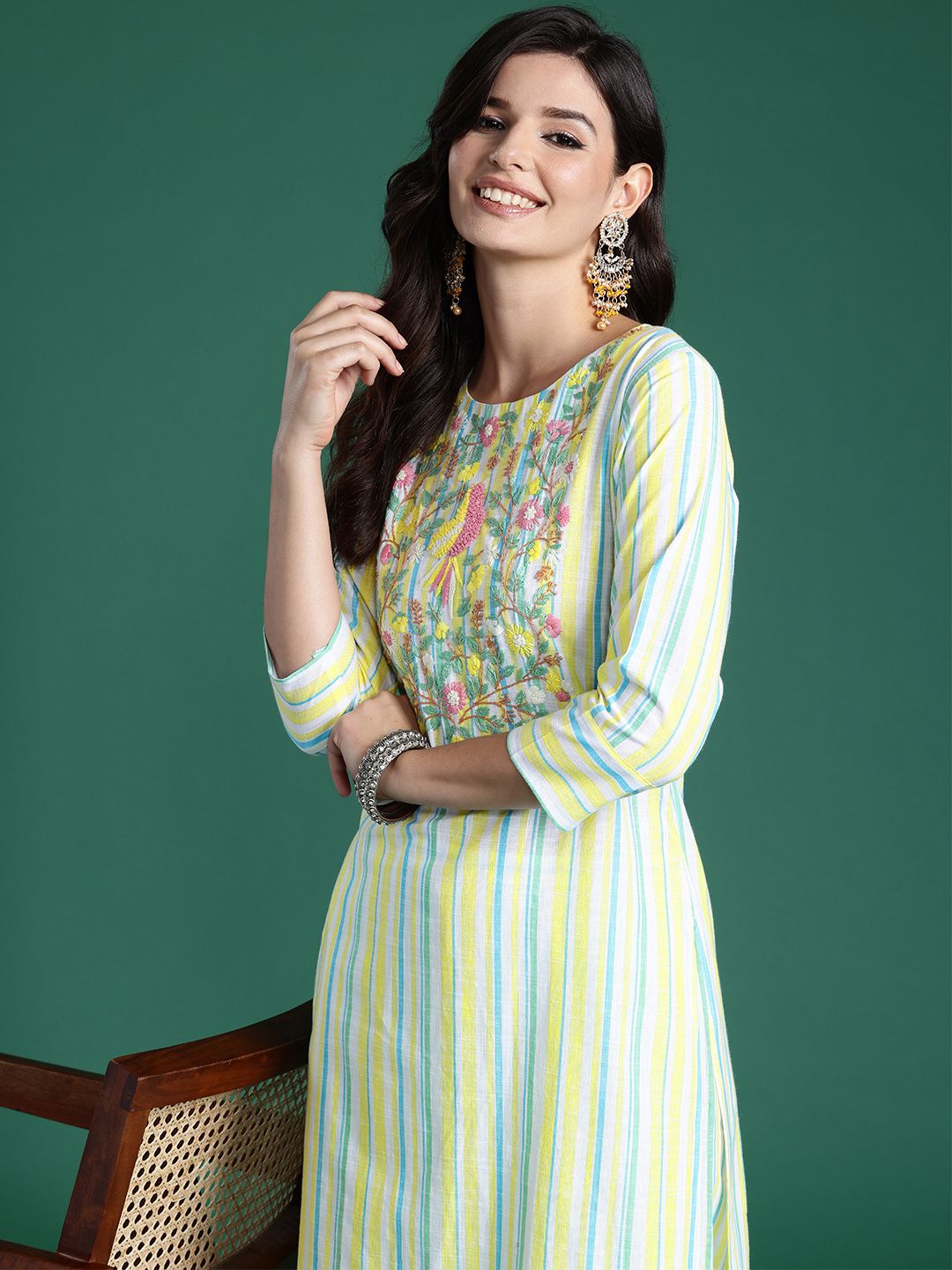 Indo Era Women Striped Regular Thread Work Pure Cotton Kurta with Trousers