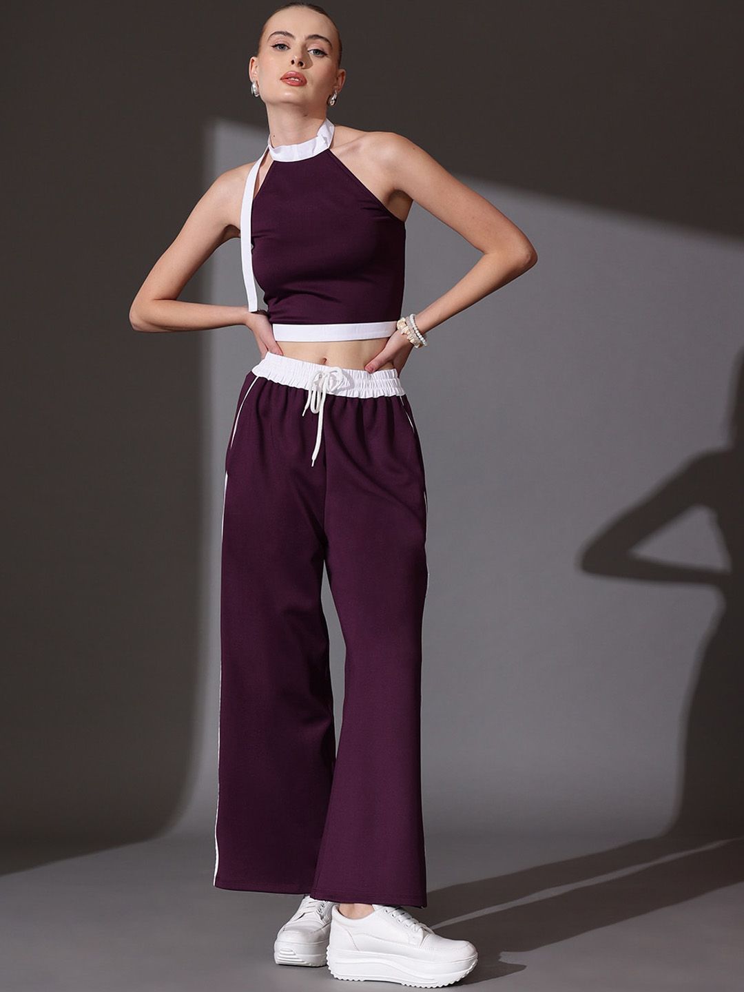 STREET 9 Pure Cotton Solid Halter Neck Top & Trousers Set