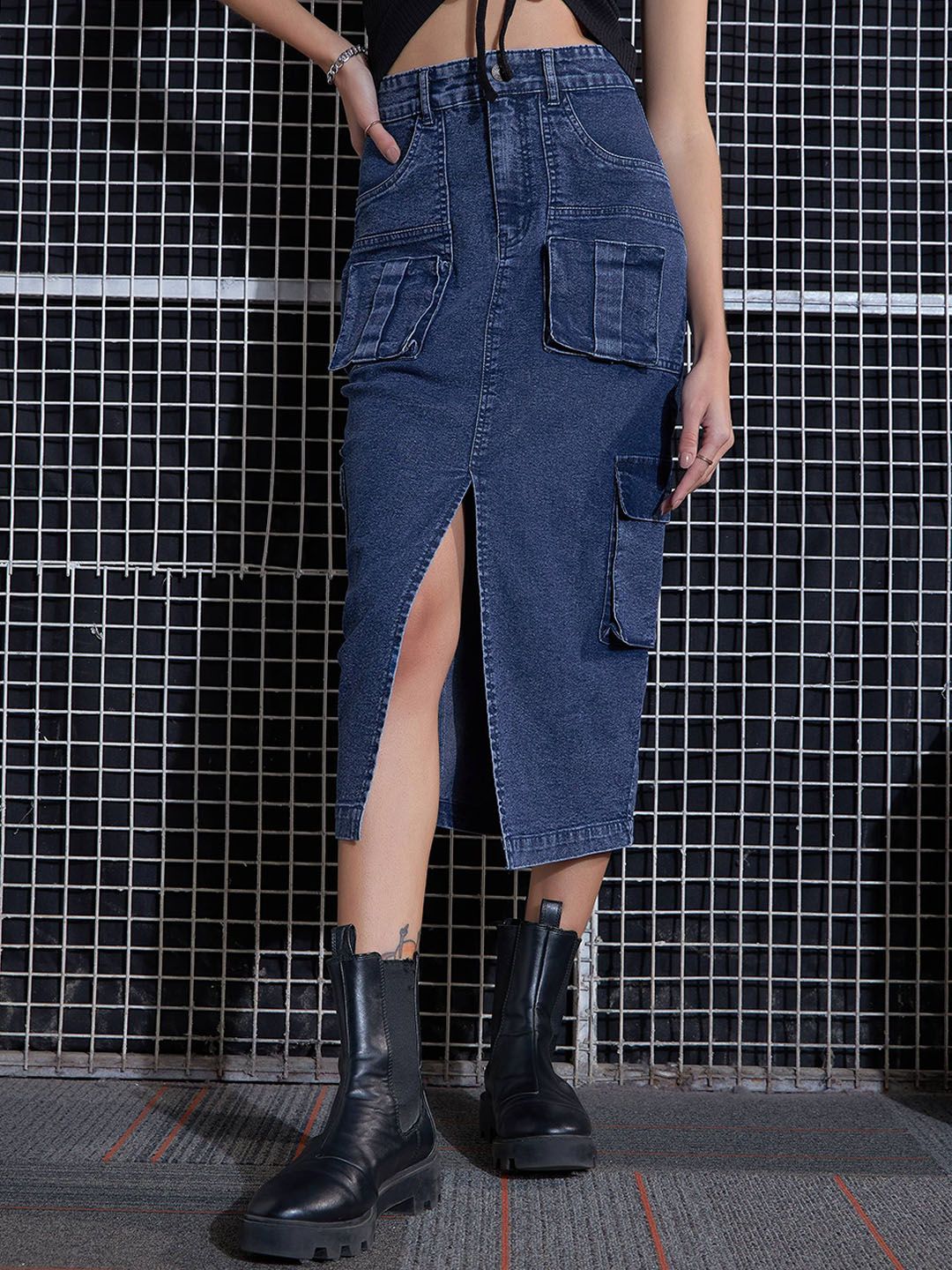 SASSAFRAS Blue Washed Cargo Pencil Midi Denim Skirt