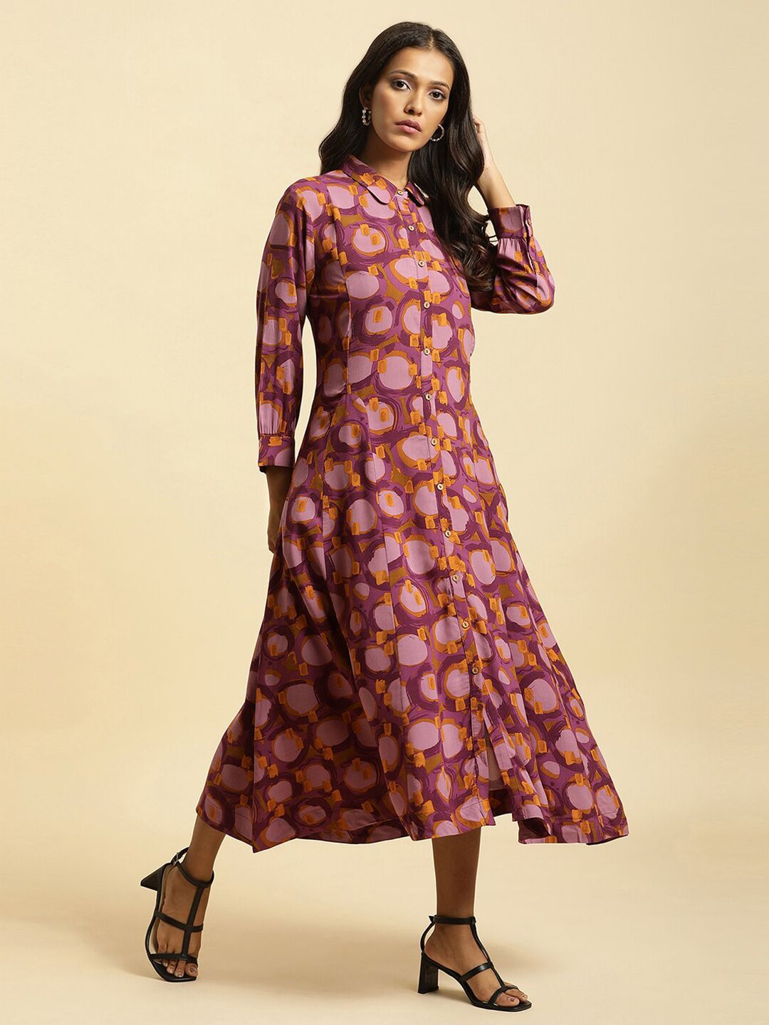 W Floral Printed Shirt Collar Cuffed Sleeves Shirt Style Dress