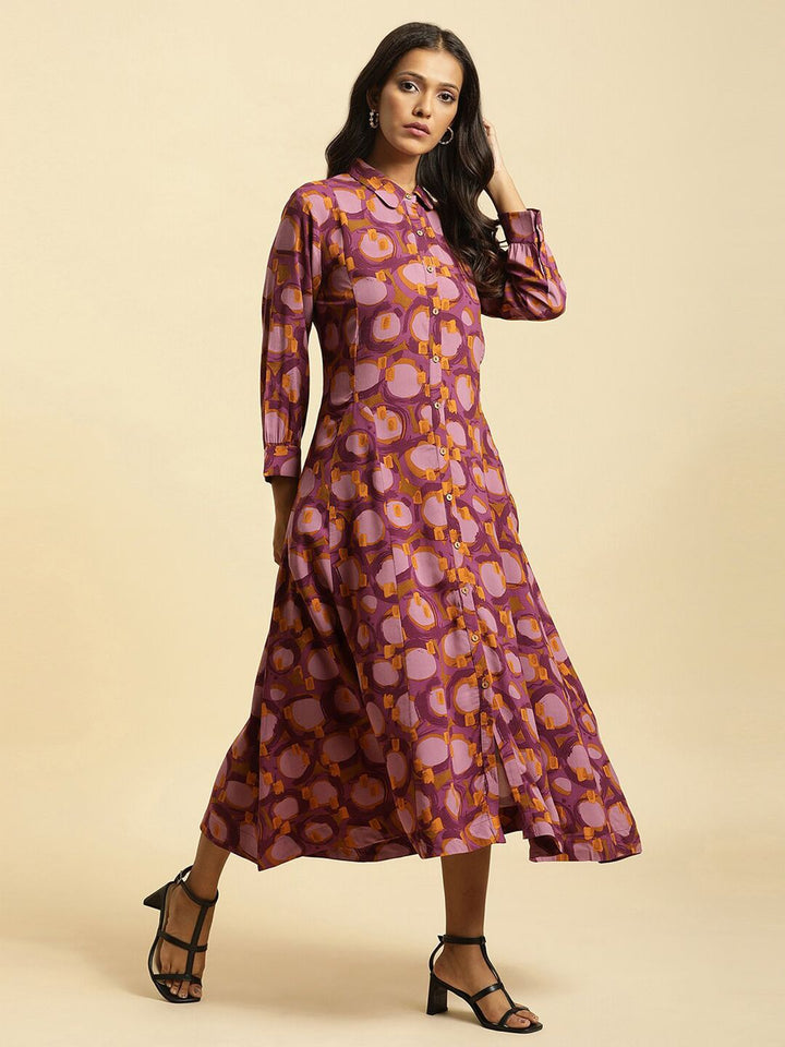 W Floral Printed Shirt Collar Cuffed Sleeves Shirt Style Dress